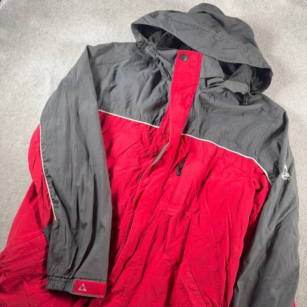 Gerry Hooded Jacket Mens L Red Gray Colorblock Full Zip Fleece Lined Gorpcore